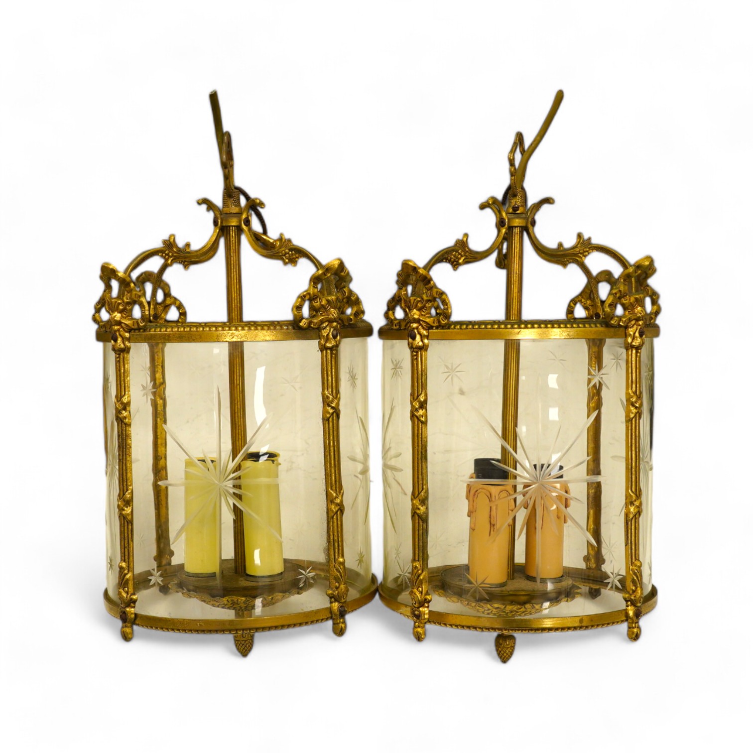 A pair of Louis XVI style gilt metal hall lanterns, 40cm high. Condition - fair to good